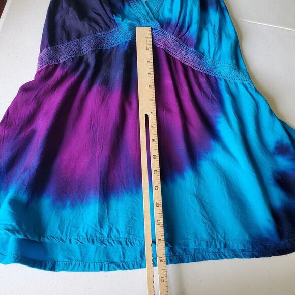 Vintage Sleeveless Empire Waist Tie Dye Blouse V Neck Crochet Lace Boho Hippie - Picture 9 of 14